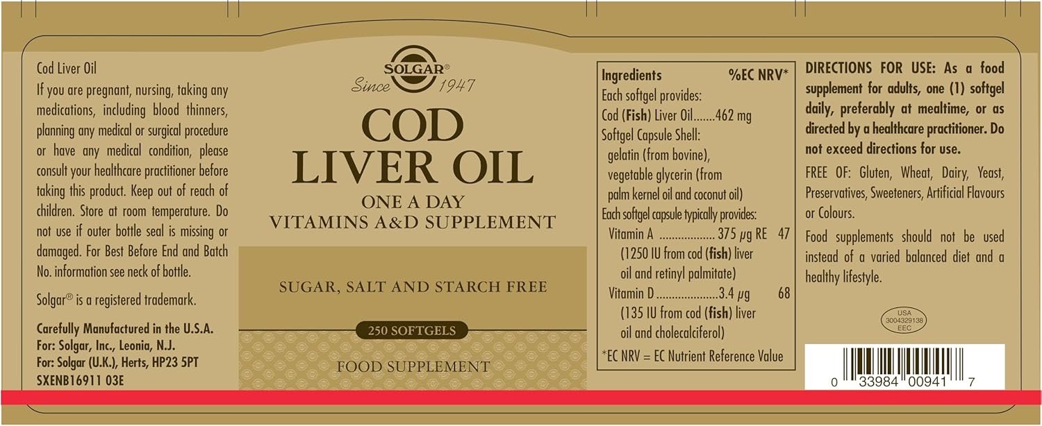 Solgar Cod Liver Oil Softgels - Immune System, Eye, Vision, & Bone Health Support - Vitamin A & D Supplement - 250 Servings, Gluten & Dairy Free