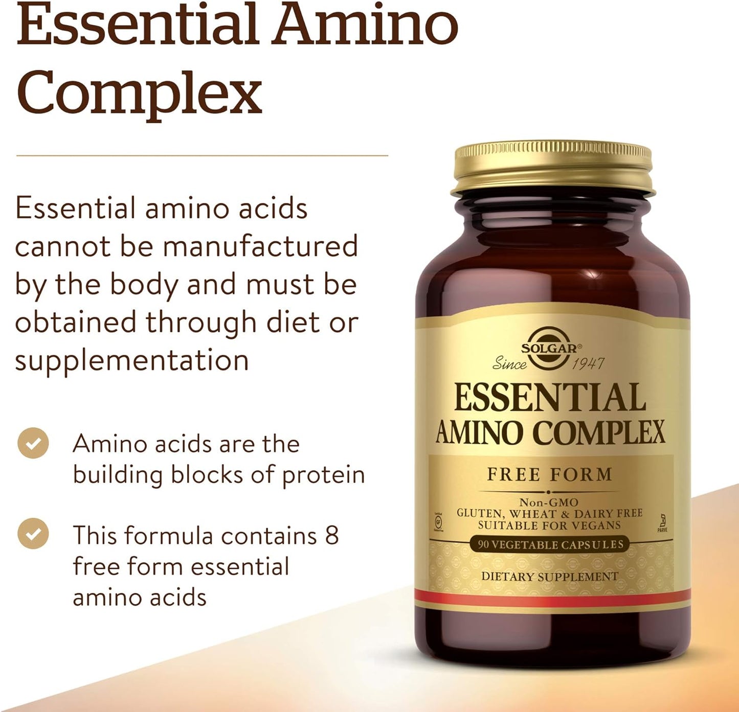 Solgar Essential Amino Complex: 90 Vegetable Capsules, Non-GMO, Vegan, Gluten Free, Dairy Free, Kosher - 90 Servings