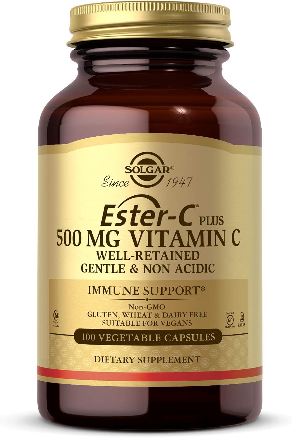 Solgar Ester-C Plus 500mg Vitamin C Capsules - Gentle Antioxidant & Immune Support - Non Acidic Formula - Vegan & Gluten Free - 100 Servings