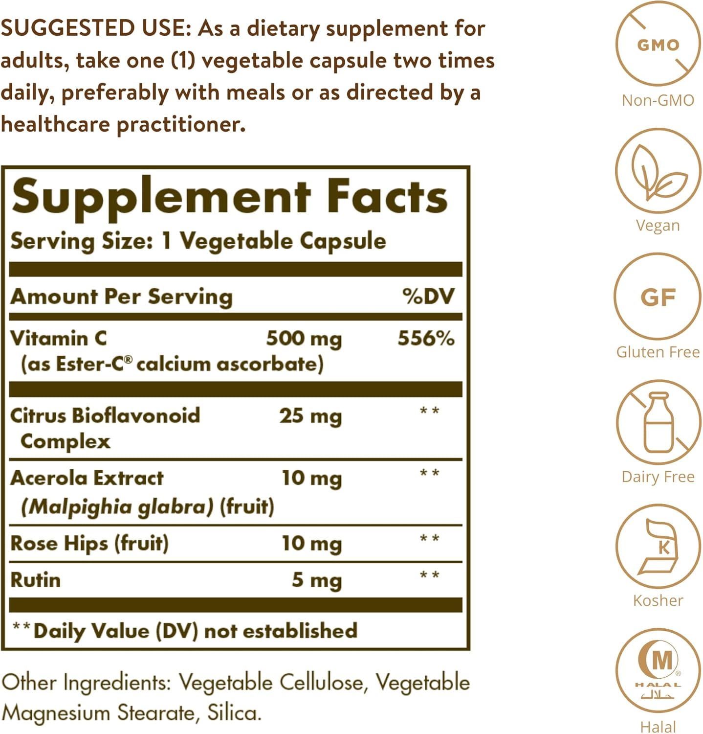 Solgar Ester-C Plus 500mg Vitamin C Capsules - Gentle Antioxidant & Immune Support - Non Acidic Formula - Vegan & Gluten Free - 100 Servings