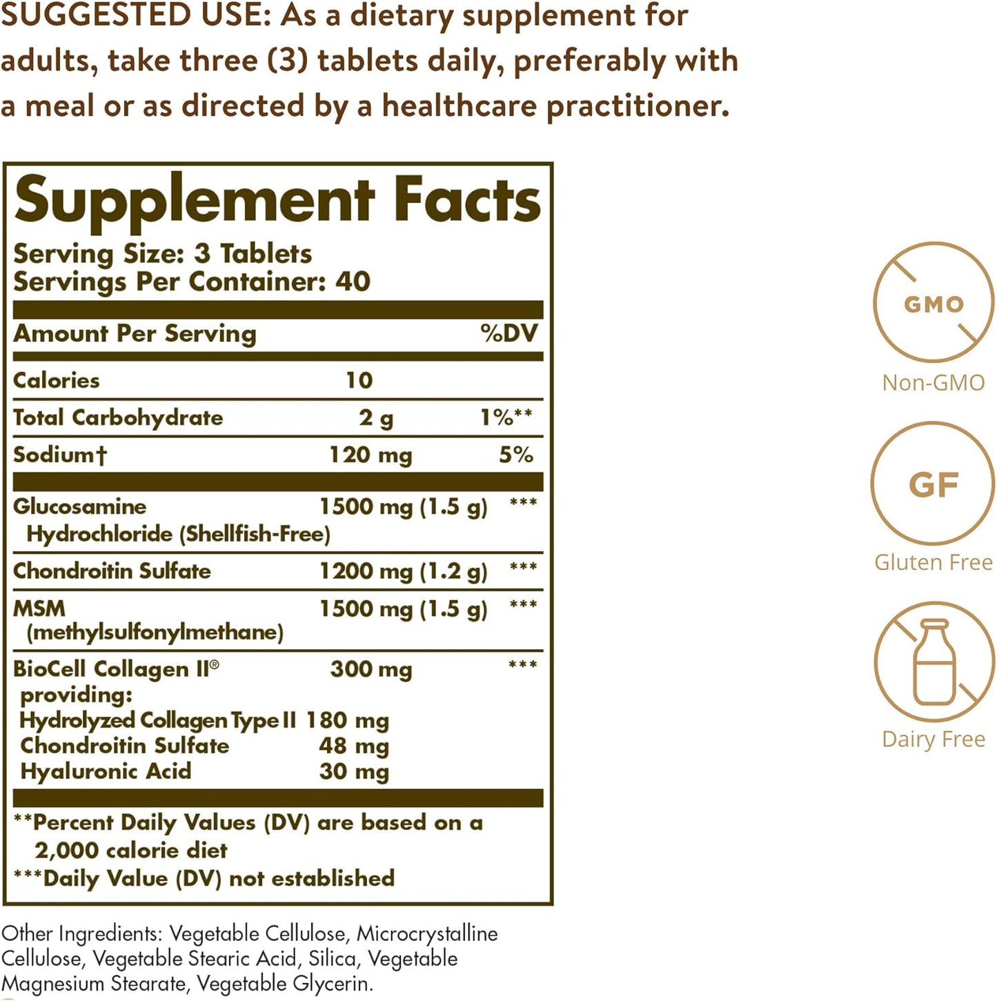 Solgar Extra Strength Glucosamine Hyaluronic Acid Chondroitin MSM Tablets for Healthy Joints - Shellfish Free, Non-GMO, Gluten Free - 40 Servings