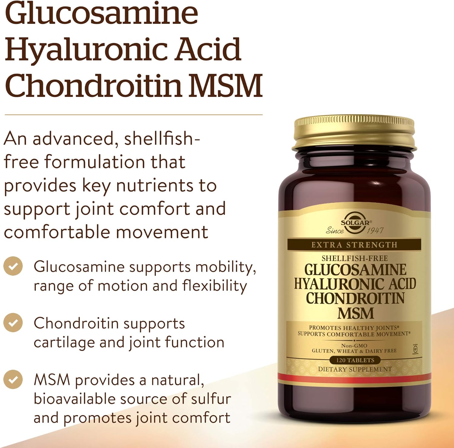 Solgar Extra Strength Glucosamine Hyaluronic Acid Chondroitin MSM Tablets for Healthy Joints - Shellfish Free, Non-GMO, Gluten Free - 40 Servings