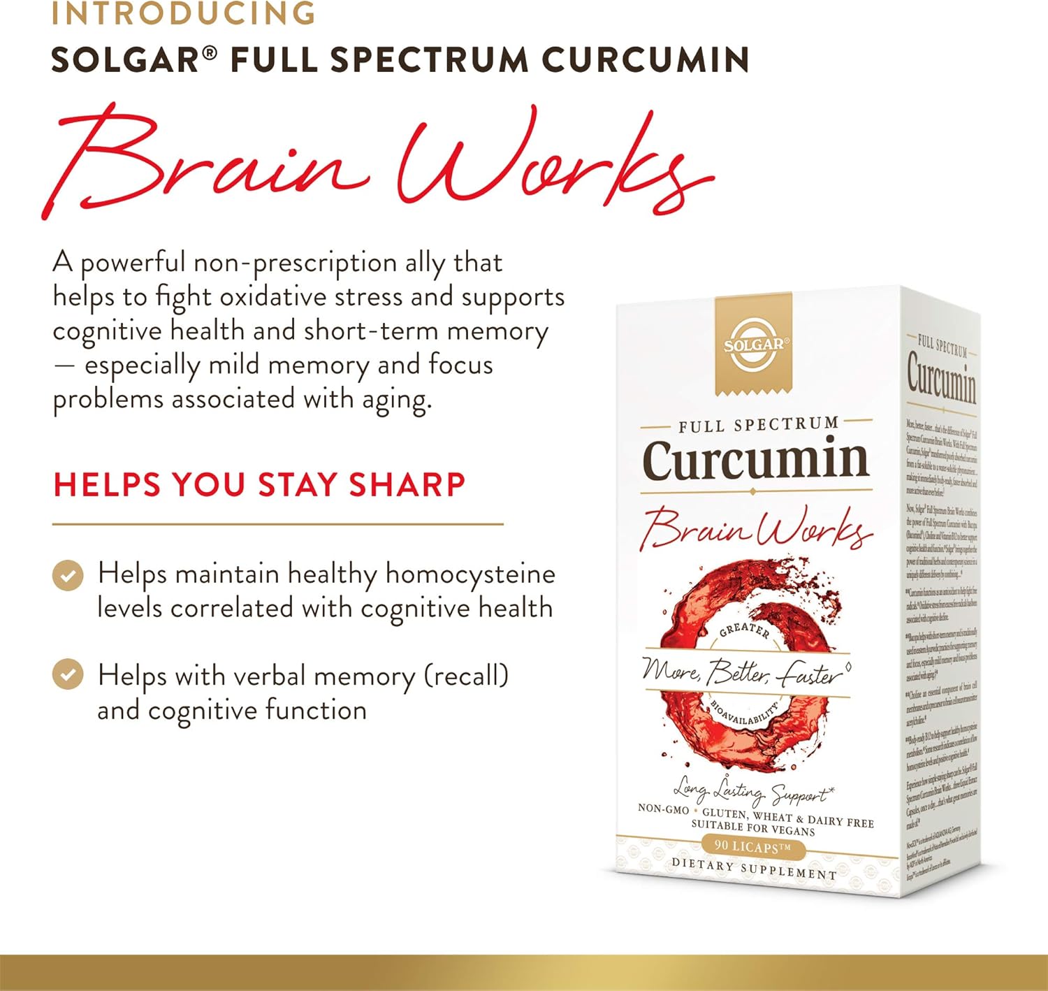 Solgar Full Spectrum Curcumin Brain Support Capsules - Memory, Focus, Cognitive Function - Antioxidant Blend with BacoMind, Choline, Vitamin B12 - Non-GMO, Vegan - 180 Licaps