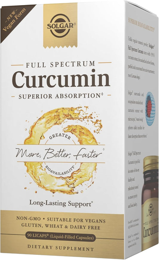 Solgar Full Spectrum Curcumin Capsules - 90 Count - Enhanced Bioavailability - Supports Brain, Joints & Immune System - Non-GMO, Vegan, Gluten & Dairy Free - 90 Servings