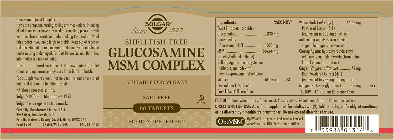 Solgar Glucosamine MSM Complex Tablets - 60 Count Bottle