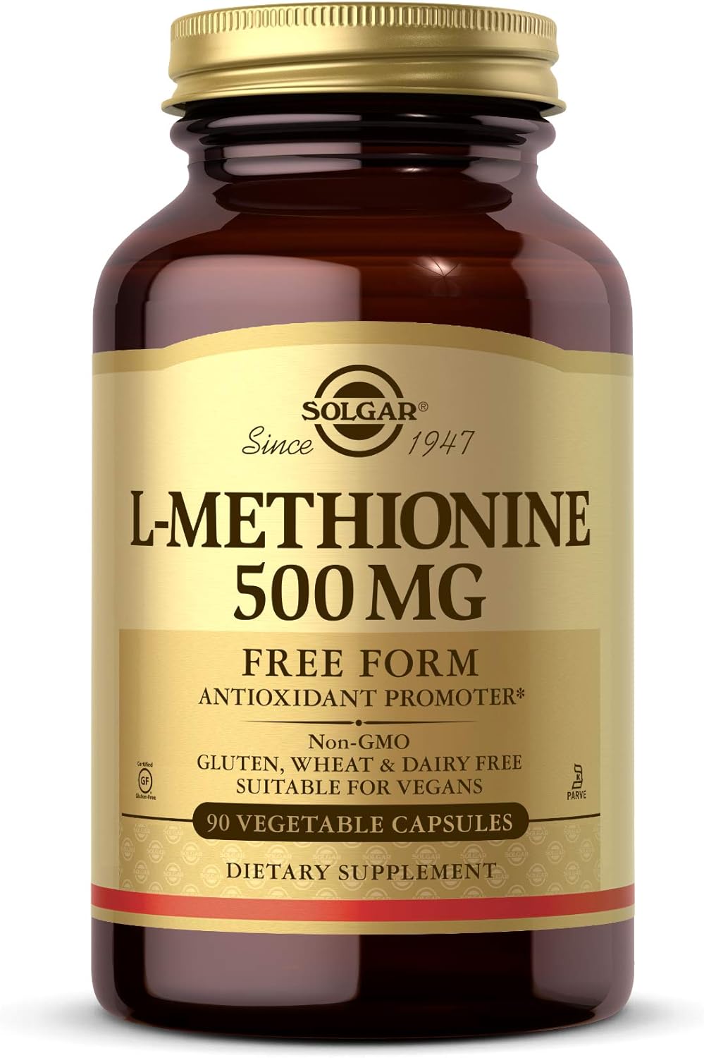 Solgar L-Methionine 500 mg Capsules - Antioxidant Support for Fat Metabolism - Vegan, Gluten-Free, Dairy-Free, Kosher - 90 Servings