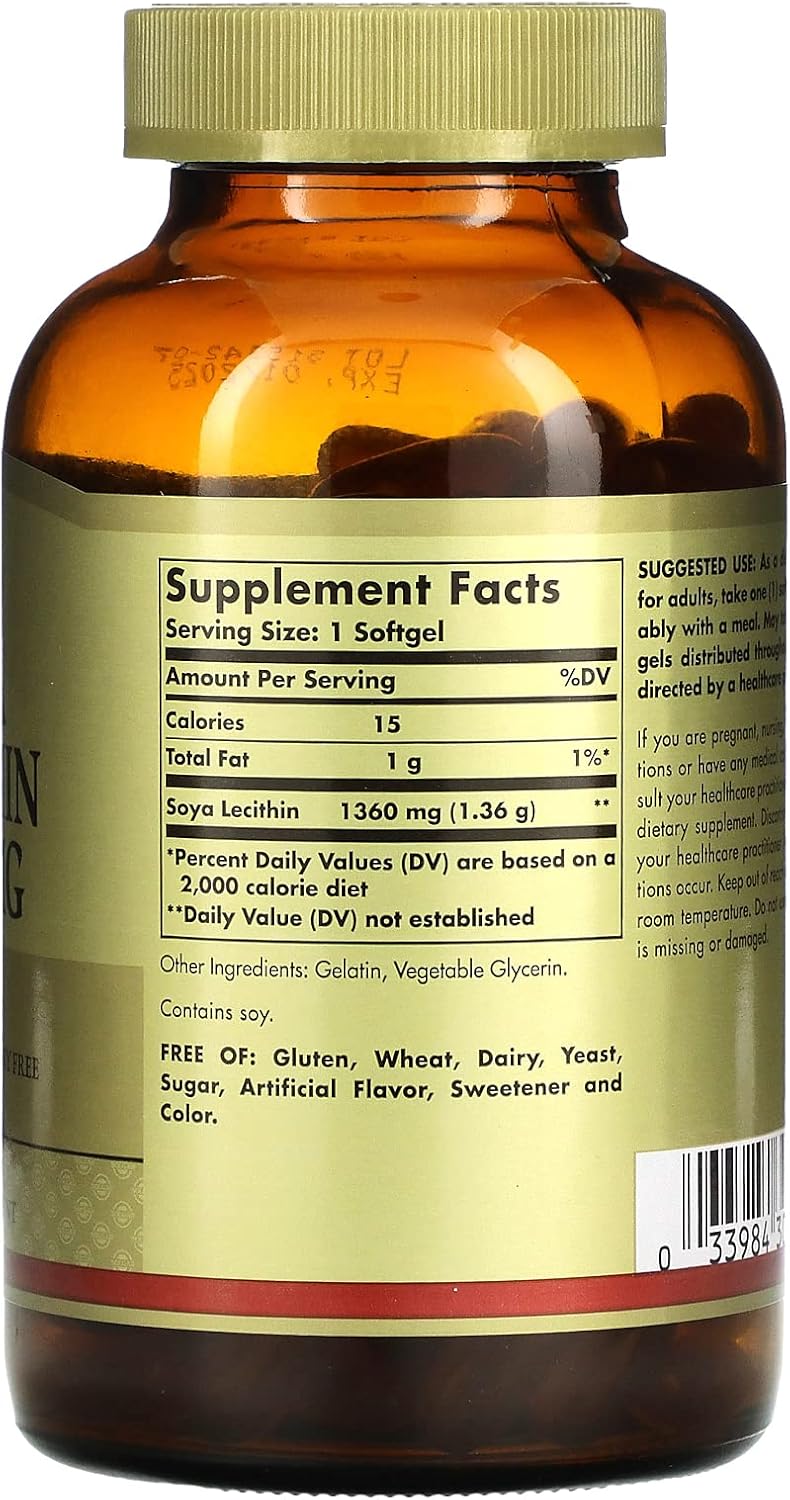 Solgar Lecithin Softgels - 1360 mg, 180 Count - Non-GMO, Gluten-Free, Dairy-Free