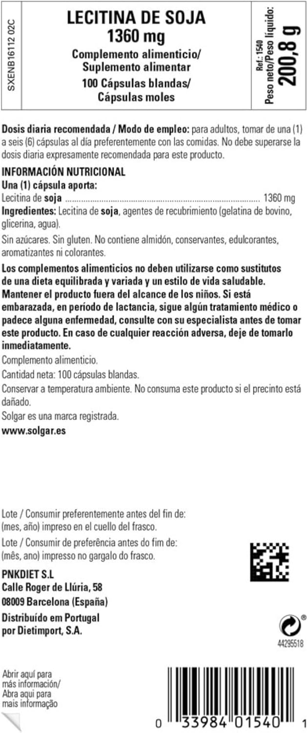 Solgar Lecithin Softgels 1360mg - Natural SOYA Source of Choline & Linoleic Acid - Gluten & Dairy Free - 100 Servings