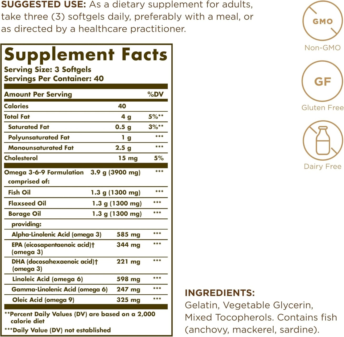 Solgar Omega 3-6-9 Softgels 1300mg - Pack of 3, 120 Servings for Joint & Skin Health - Non-GMO, Gluten Free