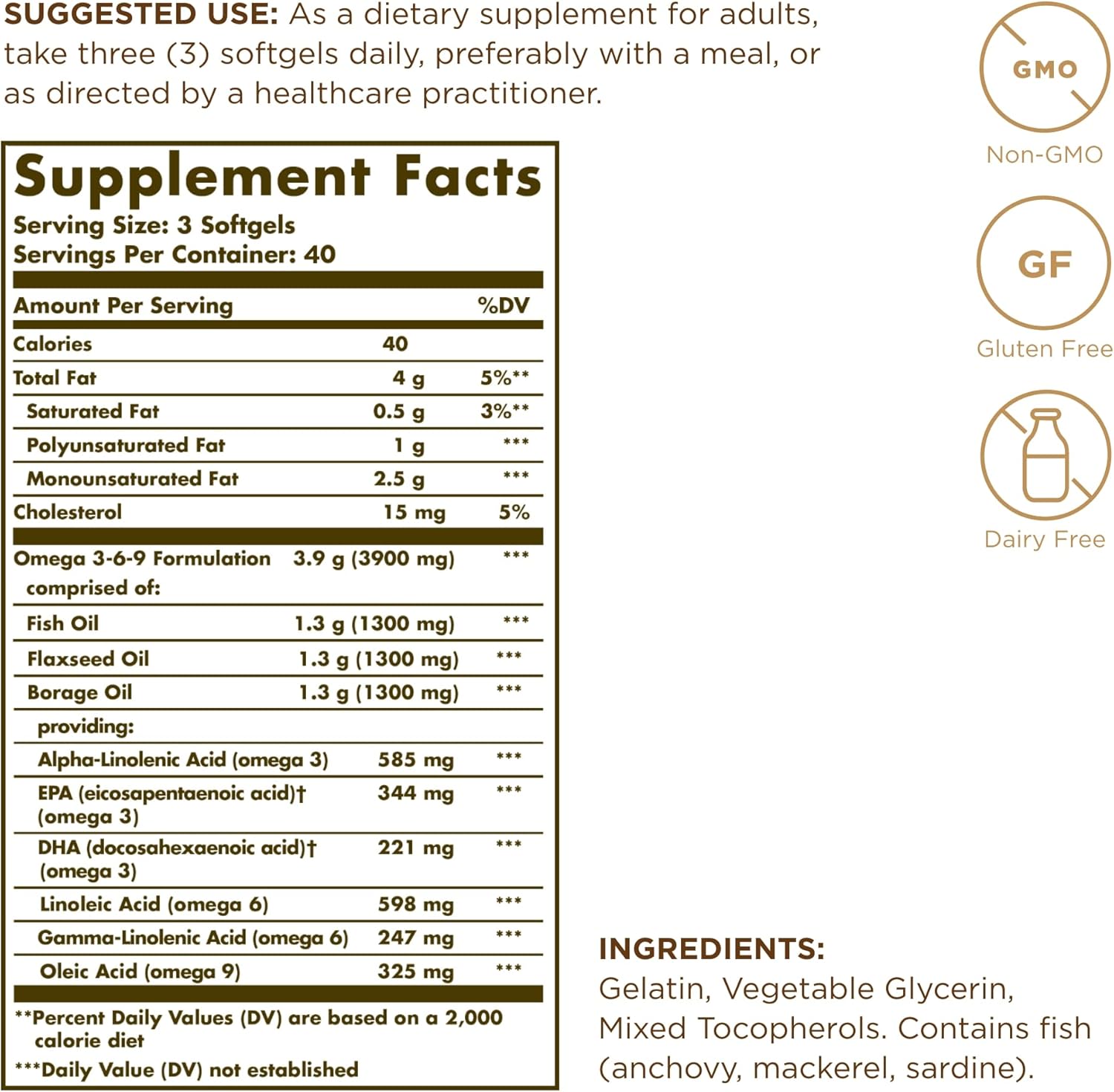 Solgar Omega 3-6-9 Softgels 1300mg - Pack of 3, 120 Servings for Joint & Skin Health - Non-GMO, Gluten Free