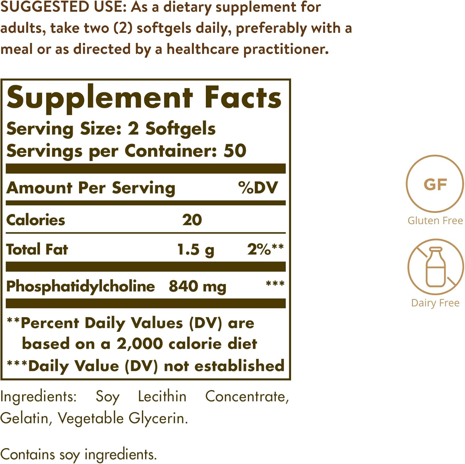 Solgar Phosphatidylcholine Softgels - Supports Cognitive Health with Choline - Gluten & Dairy Free - 100 Softgels