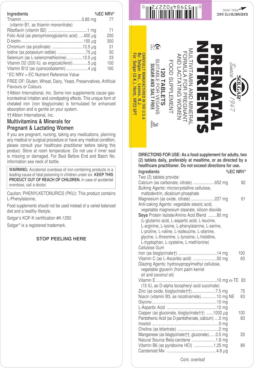 Solgar Prenatal Nutrients - 120 Tablets - Vegan Multivitamin for Pregnancy & Breastfeeding - Gluten Free & Kosher - 30 Servings