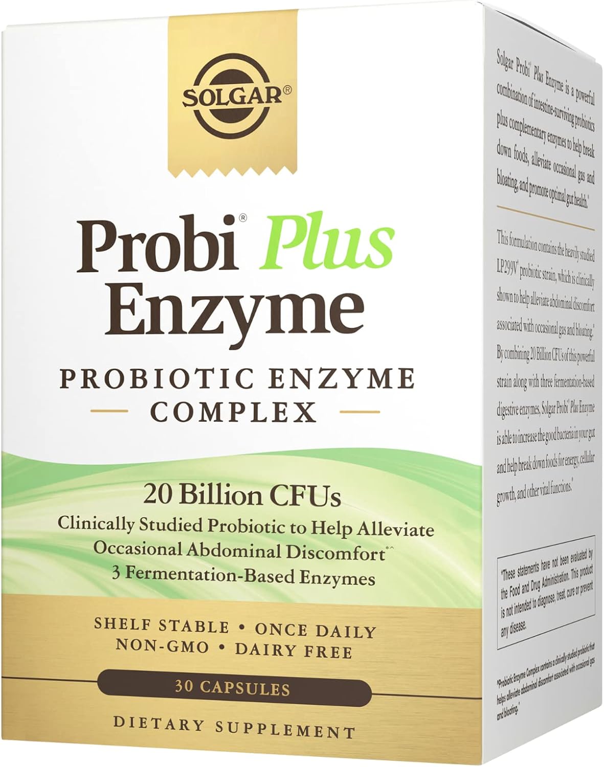 Solgar Probi Plus Enzyme Complex - 30 Capsules, 20 Billion CFU Probiotic & Enzymes - Daily Supplement for Gas & Bloating Relief - Non-GMO & Dairy Free, 30 Servings