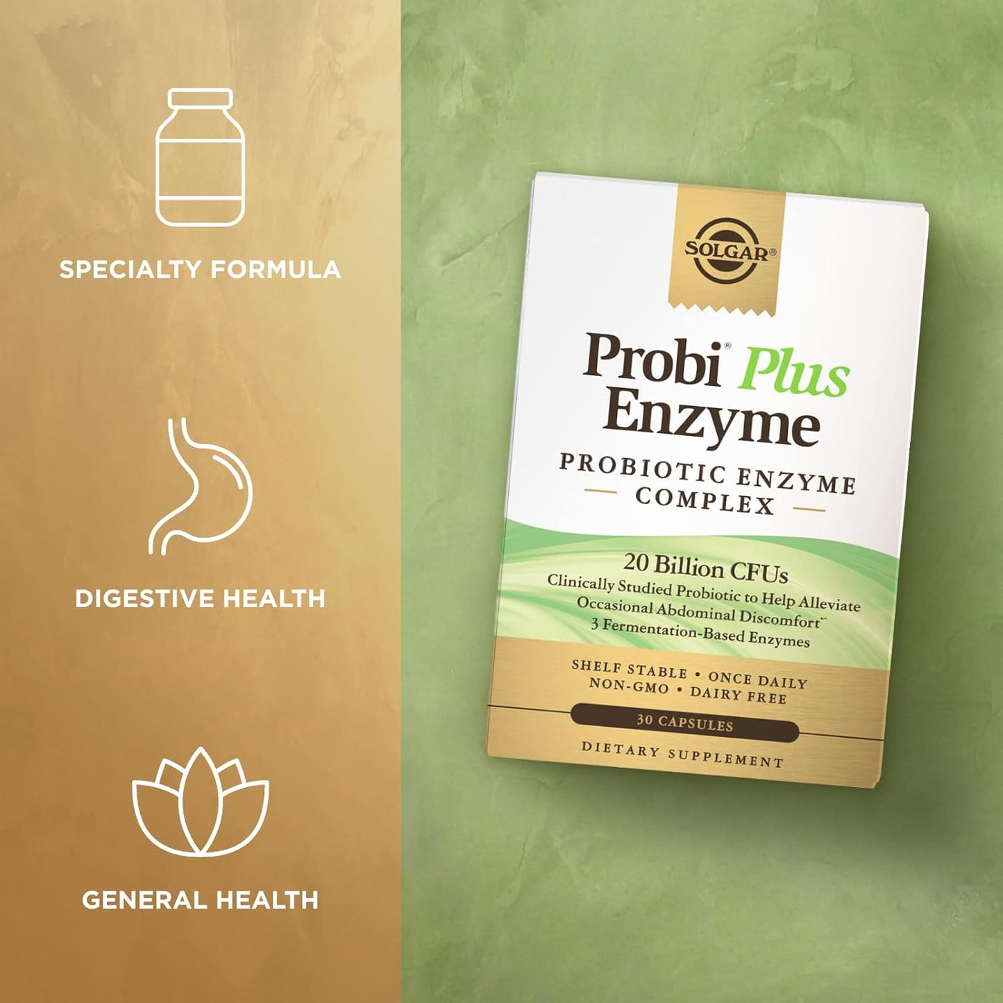 Solgar Probi Plus Enzyme Complex - 30 Capsules, 20 Billion CFU Probiotic & Enzymes - Daily Supplement for Gas & Bloating Relief - Non-GMO & Dairy Free, 30 Servings
