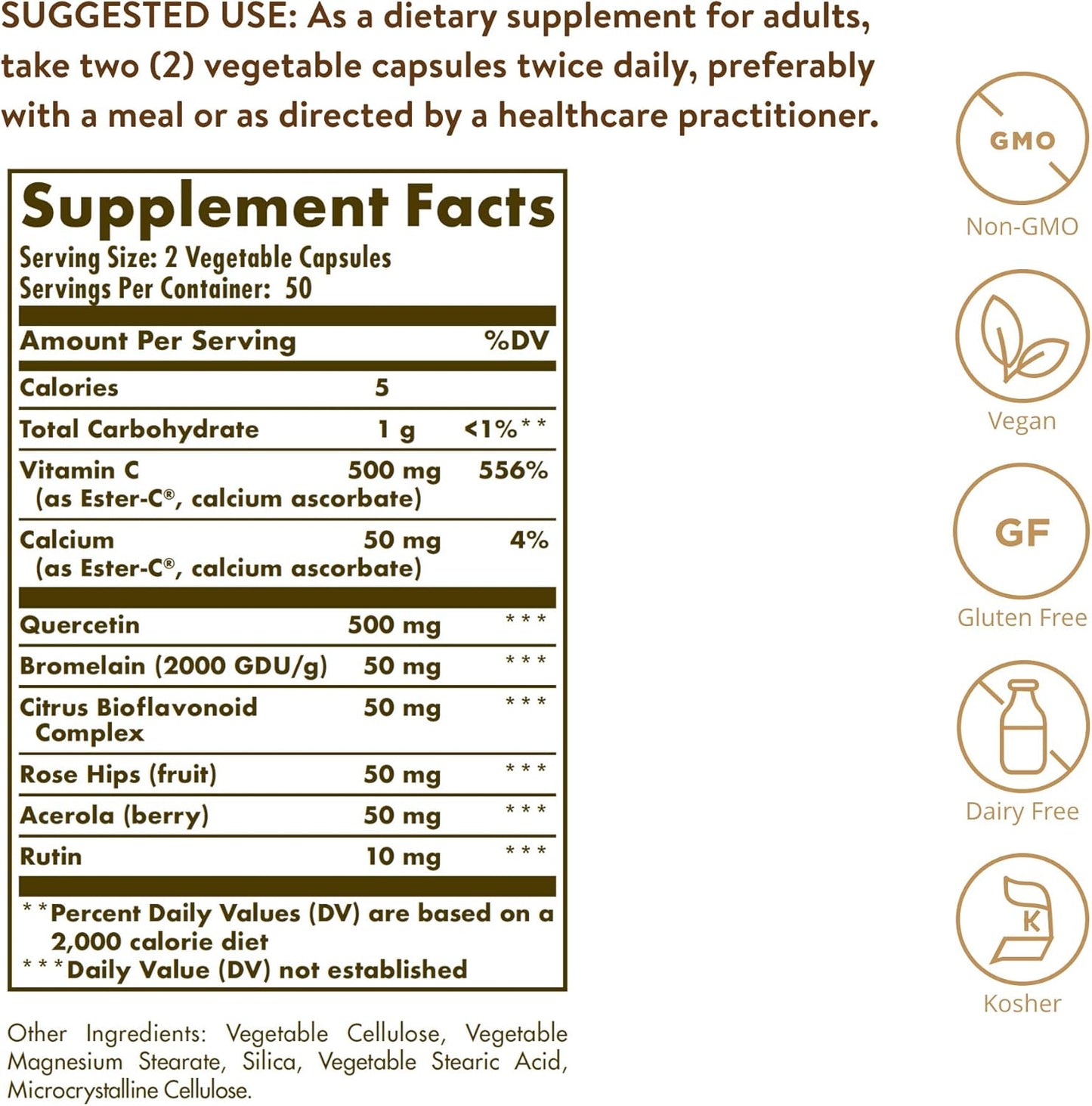 Solgar Quercetin Complex with EsterC Plus Capsules - Immune Health Support, Antioxidant, Vitamin C, NonGMO, Vegan, Gluten Free - 100 Count
