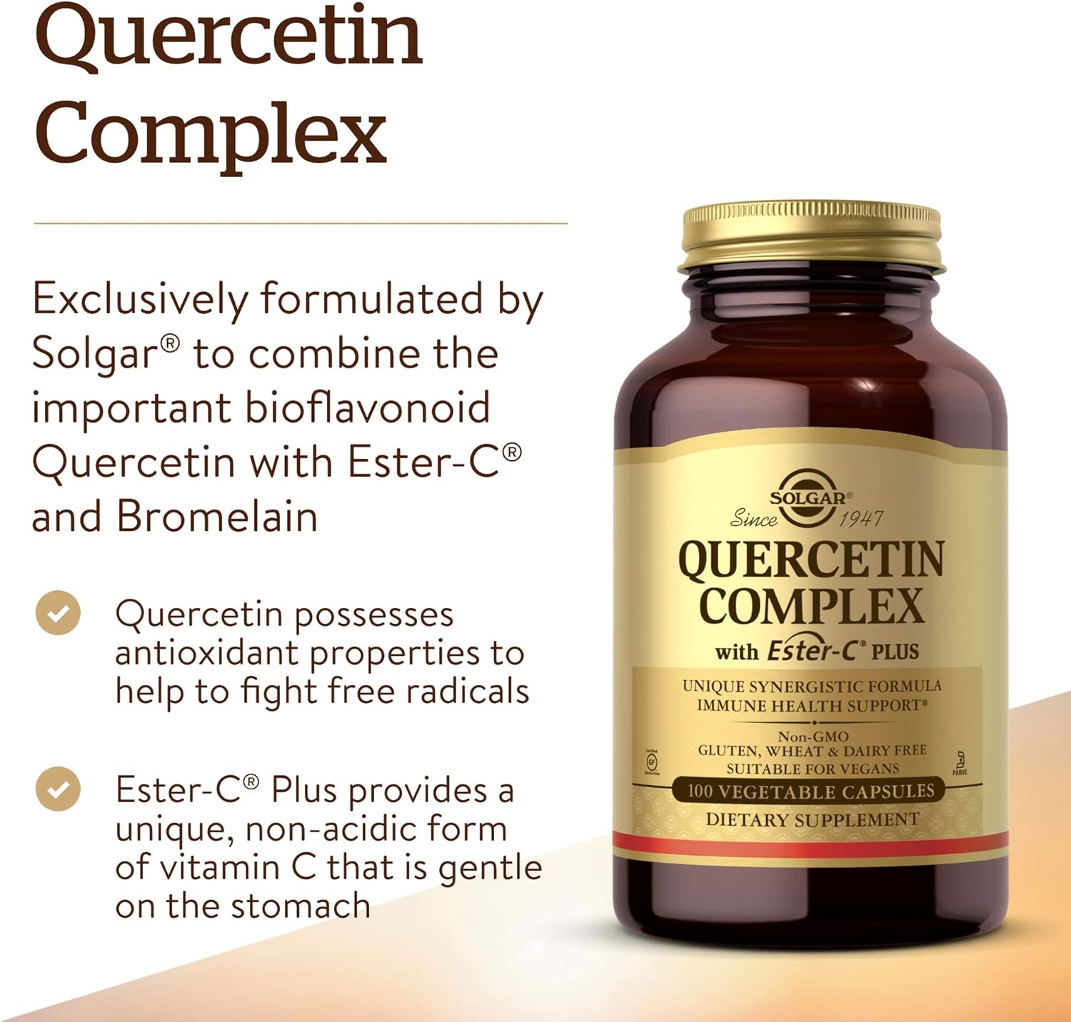 Solgar Quercetin Complex with EsterC Plus Capsules - Immune Health Support, Antioxidant, Vitamin C, NonGMO, Vegan, Gluten Free - 100 Count
