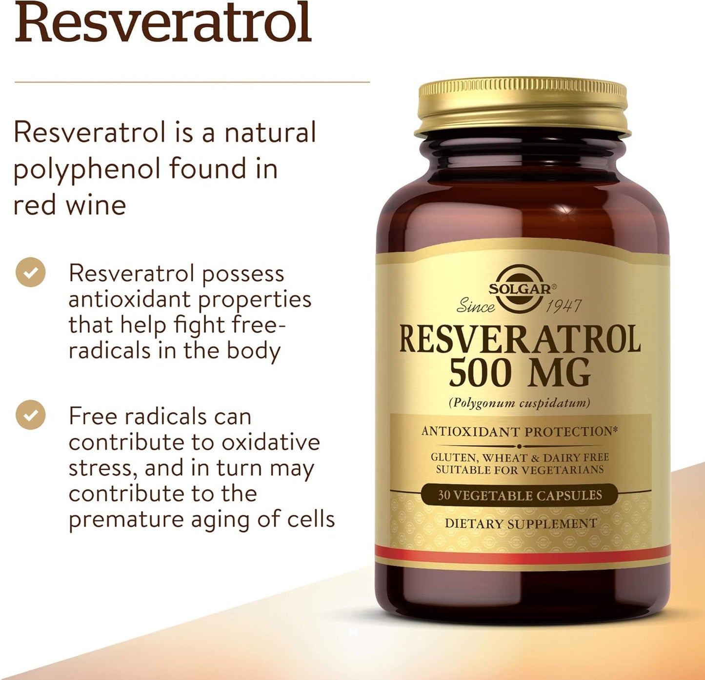 Solgar Resveratrol 500 mg Capsules - Antioxidant Support - Gluten & Dairy Free - 30 Servings