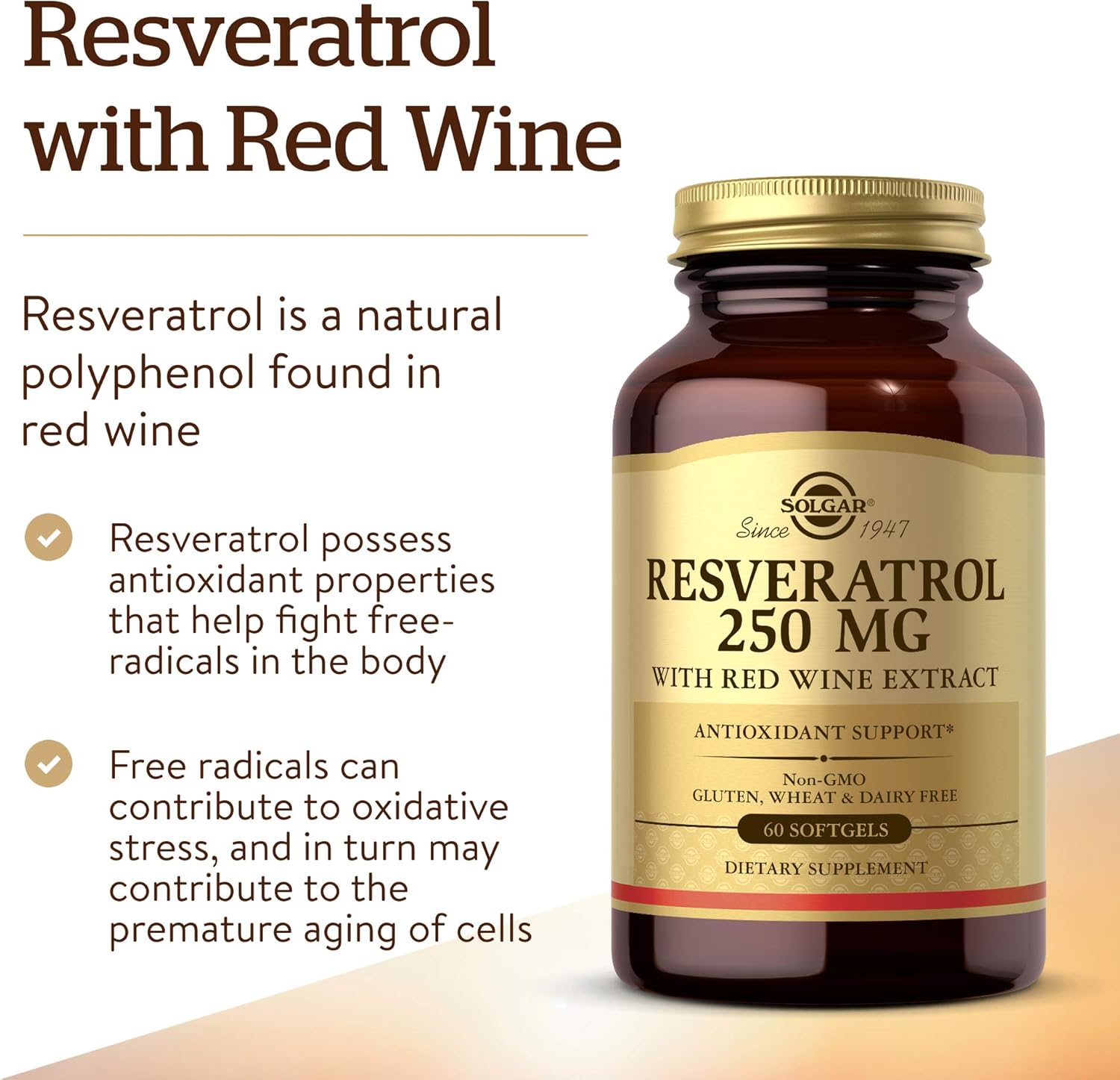 Solgar Resveratrol Softgels with Red Wine Extract - 250mg Antioxidant Immune Support - Non-GMO, Gluten Free, Dairy Free - 60 Servings