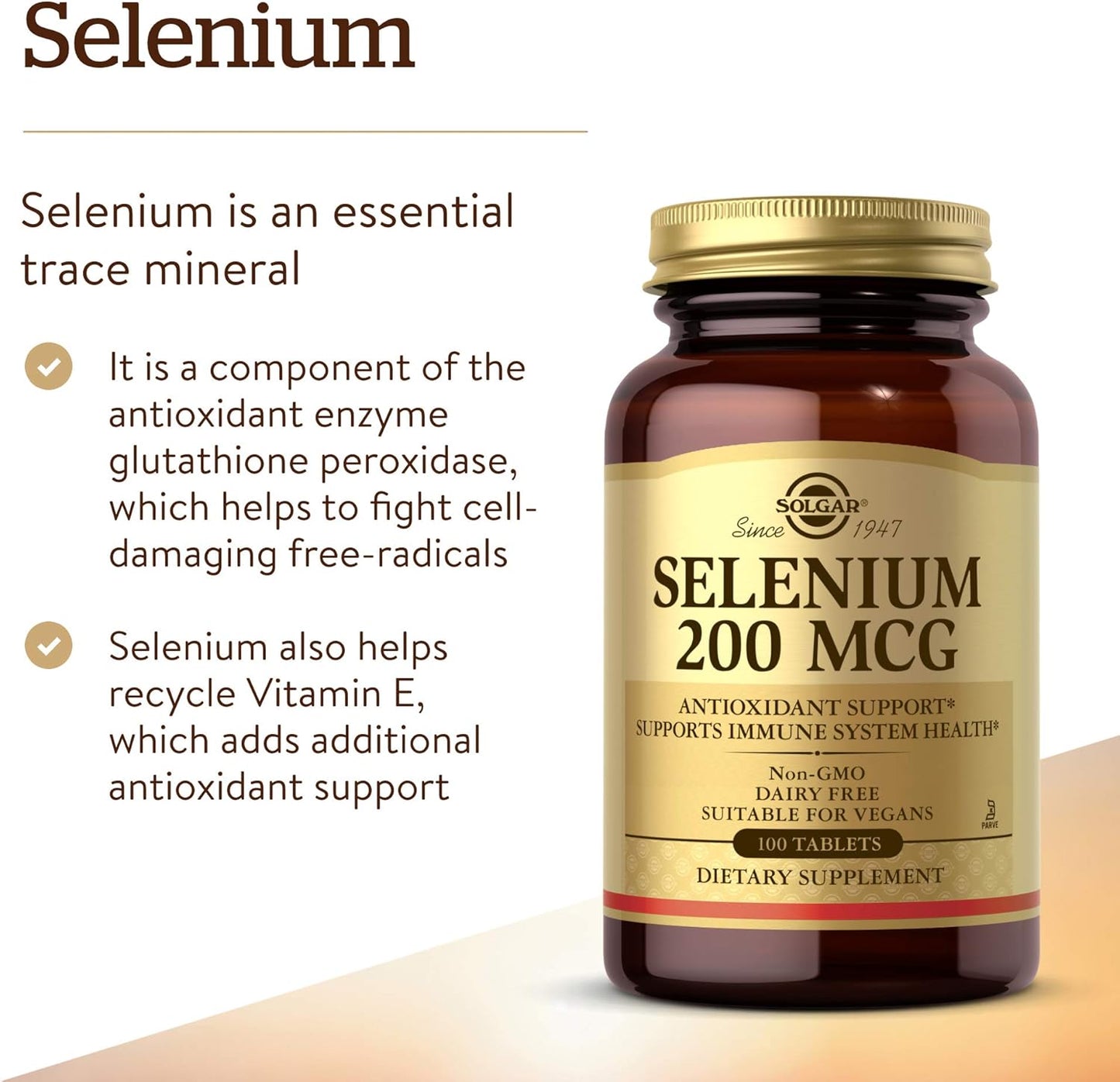 Solgar Selenium 200 mcg Tablets - 100 Count Bottle for Immune Support and Antioxidant Protection