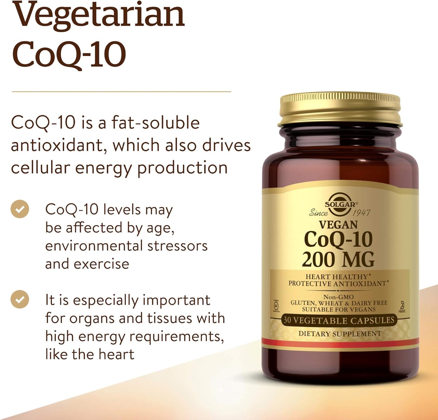 Solgar Vegetarian CoQ-10 200 mg Capsules - Heart Healthy Antioxidant Supplement - Vegan, Gluten Free, Dairy Free, Kosher - 30 Servings