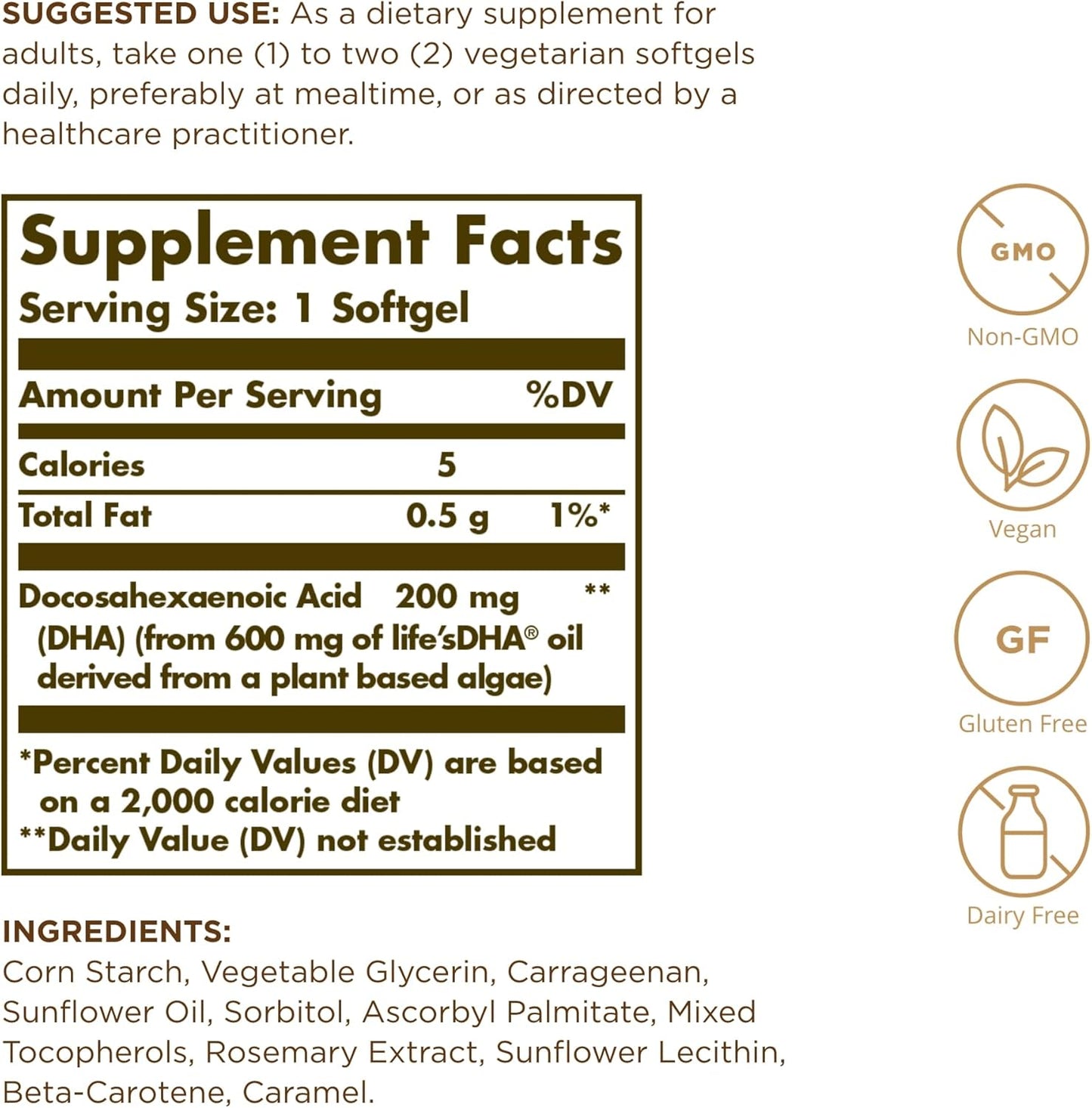 Solgar Vegetarian DHA Softgels - 200mg Omega-3 - Vegan, Gluten Free, Dairy Free - 50 Servings