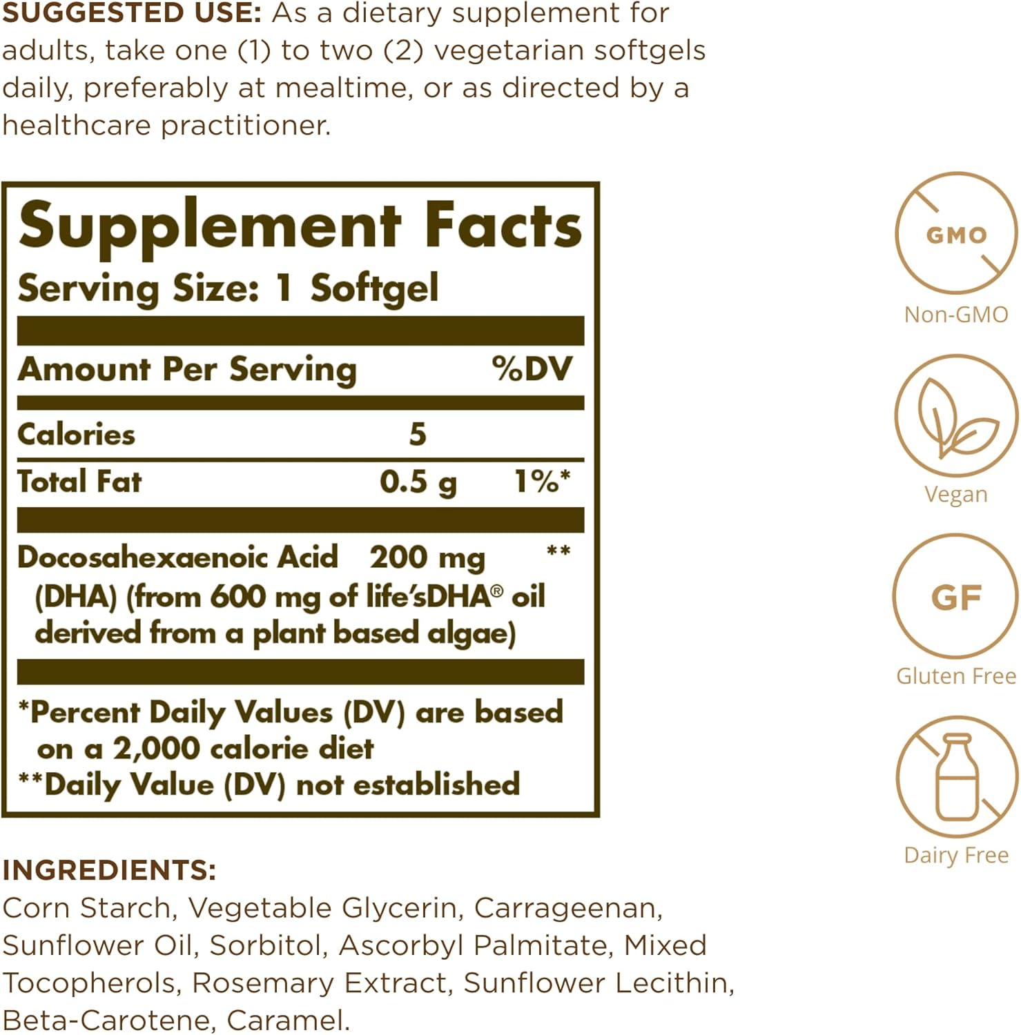 Solgar Vegetarian DHA Softgels - 200mg Omega-3 - Vegan, Gluten Free, Dairy Free - 50 Servings