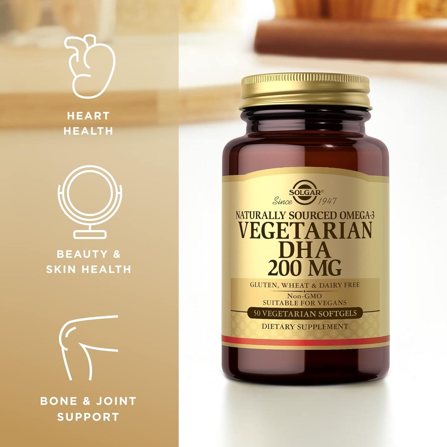 Solgar Vegetarian DHA Softgels - 200mg Omega-3 - Vegan, Gluten Free, Dairy Free - 50 Servings