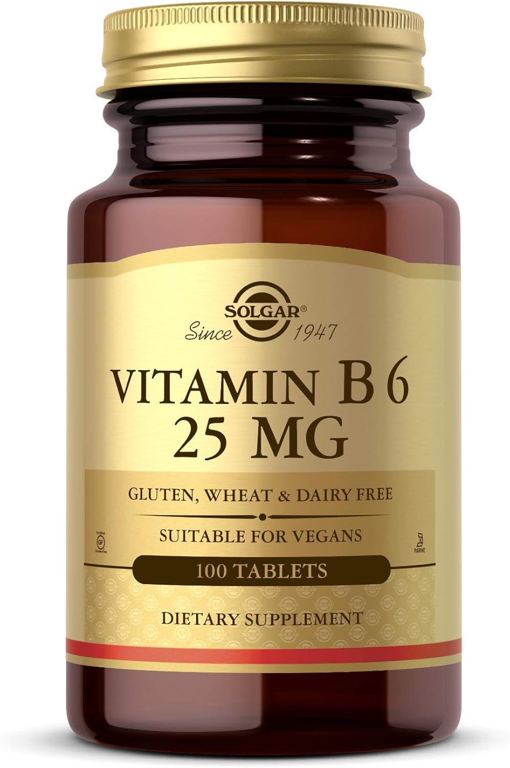Solgar Vitamin B6 25 mg Tablets - Energy Metabolism & Heart Health Support - B Complex Supplement for Healthy Nervous System - Vegan, Gluten Free, Dairy Free - 100 Servings