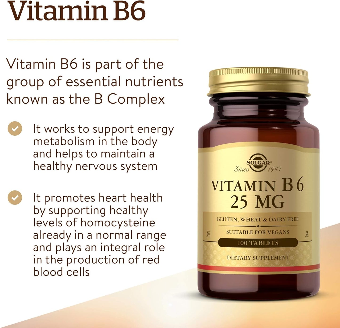 Solgar Vitamin B6 25 mg Tablets - Energy Metabolism & Heart Health Support - B Complex Supplement for Healthy Nervous System - Vegan, Gluten Free, Dairy Free - 100 Servings