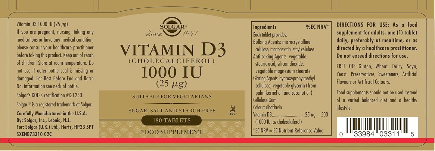 Solgar Vitamin D3 25 mcg (1000 IU) Capsules - Supports Bone Health, Immune System - Non-GMO, Gluten Free, Dairy Free - 180 Count