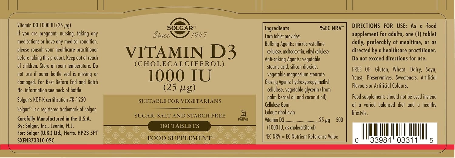 Solgar Vitamin D3 25 mcg (1000 IU) Capsules - Supports Bone Health, Immune System - Non-GMO, Gluten Free, Dairy Free - 180 Count