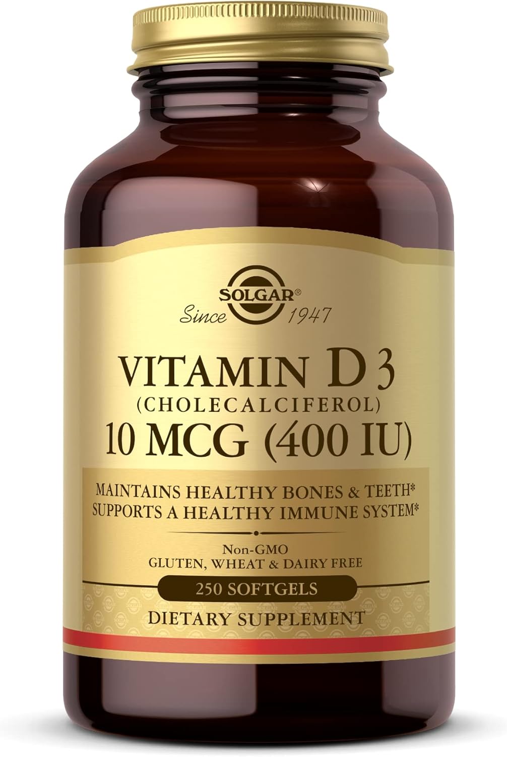 Solgar Vitamin D3 Softgels 10 MCG (400 IU) - Supports Bone Health, Immune System - Non-GMO, Gluten-Free, Dairy-Free - 250 Servings