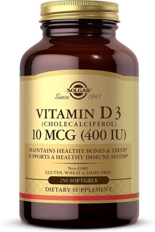 Solgar Vitamin D3 Softgels 10 MCG (400 IU) - Supports Bone Health, Immune System - Non-GMO, Gluten-Free, Dairy-Free - 250 Servings