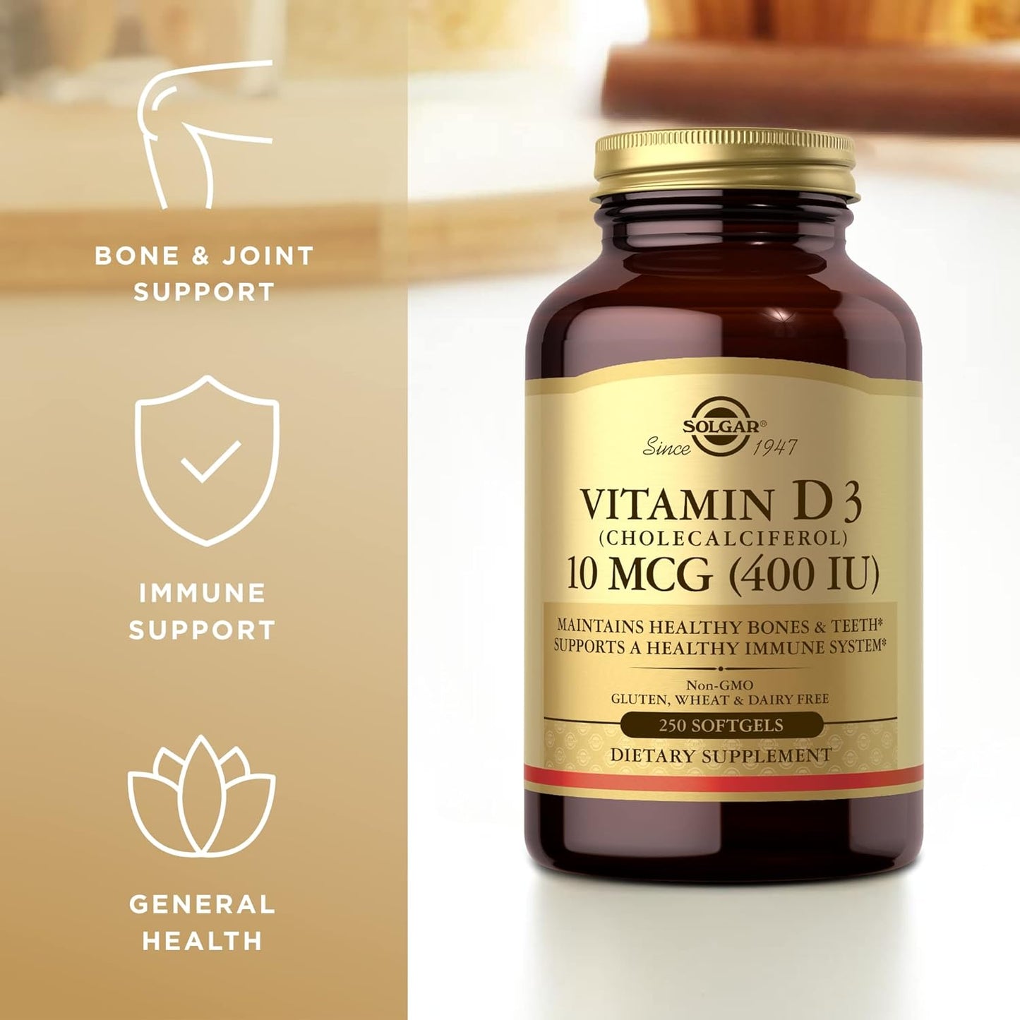 Solgar Vitamin D3 Softgels 10 MCG (400 IU) - Supports Bone Health, Immune System - Non-GMO, Gluten-Free, Dairy-Free - 250 Servings