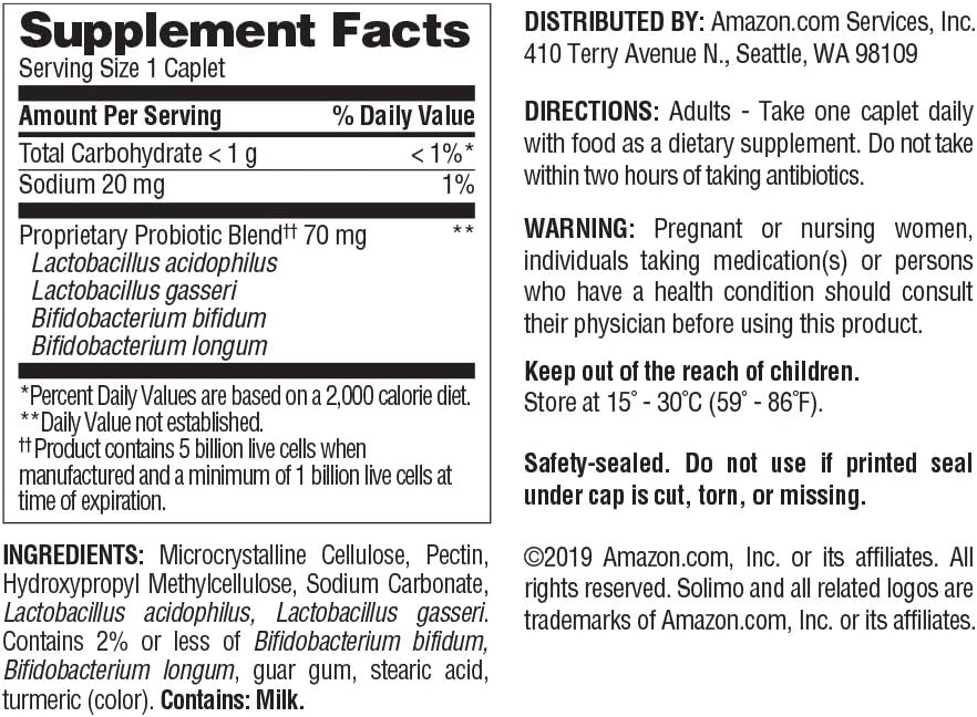 Solimo Probiotic Complex Caplets - 70mg Probiotic Blend, 45 Count, 45 Day Supply