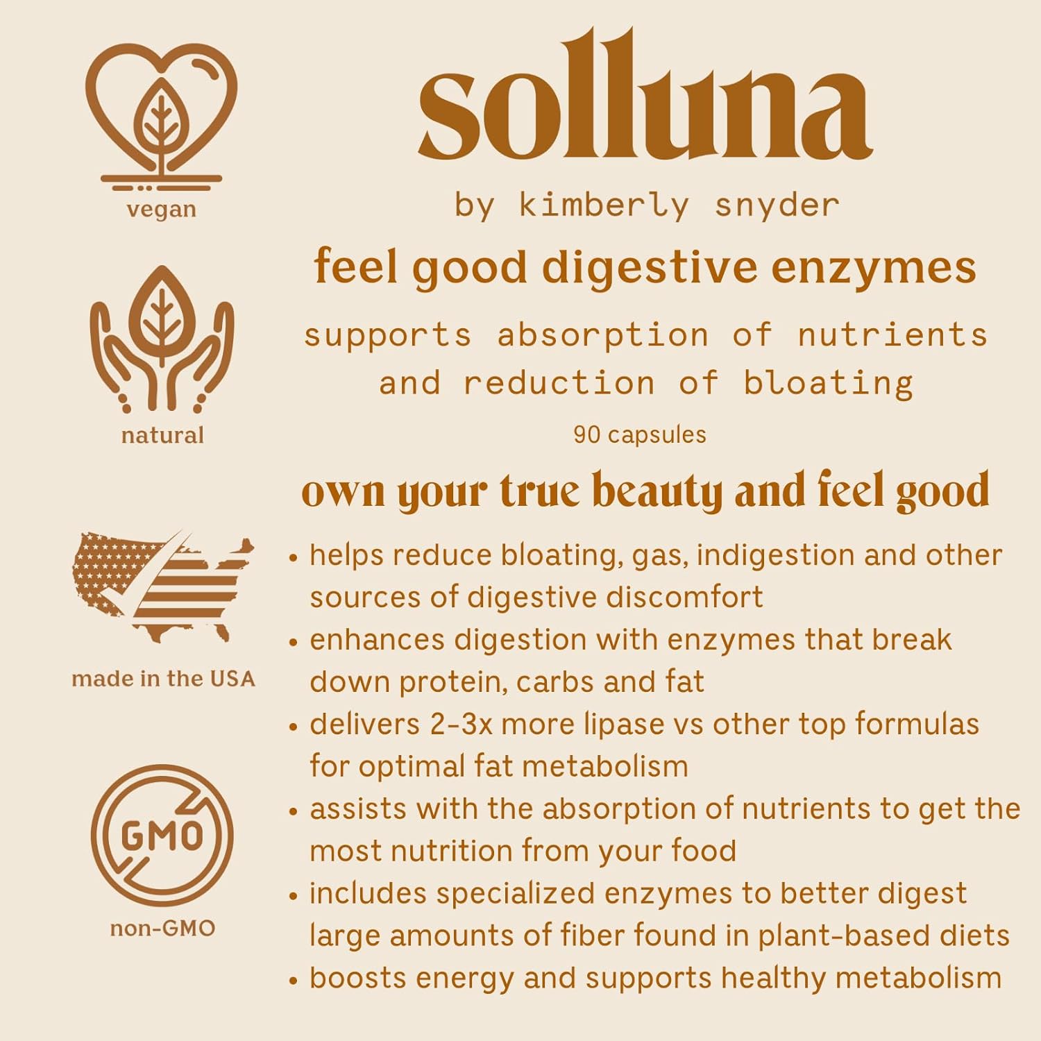 Solluna by Kimberly Snyder Digestive Enzymes for Stomach Pain & Bloating - Multi-Enzyme Blend for Better Digestion & Nutrient Absorption