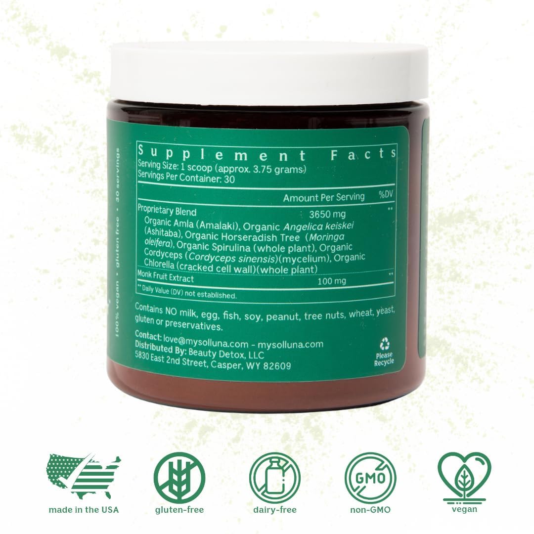 Solluna Glowing Greens Powder: Vegan Superfood for Energy, Mood, Immune Support, Antioxidants, Vitamins, Minerals