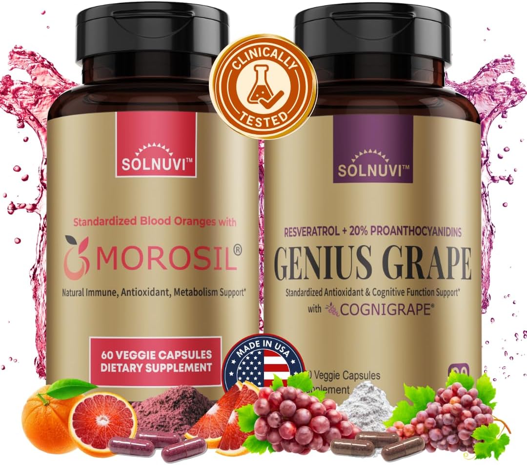 SOLNUVI All in One C3G Bundle - Morosil & Resveratrol Complex with Cognigrape Red Grape Extract - Metabolism, Brain Health, Wellness - Non-GMO, Gluten-Free, Vegan Supplement
