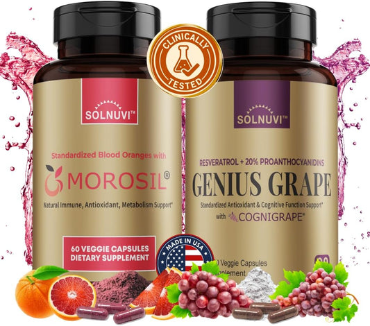 SOLNUVI All in One C3G Bundle - Morosil & Resveratrol Complex with Cognigrape Red Grape Extract - Metabolism, Brain Health, Wellness - Non-GMO, Gluten-Free, Vegan Supplement