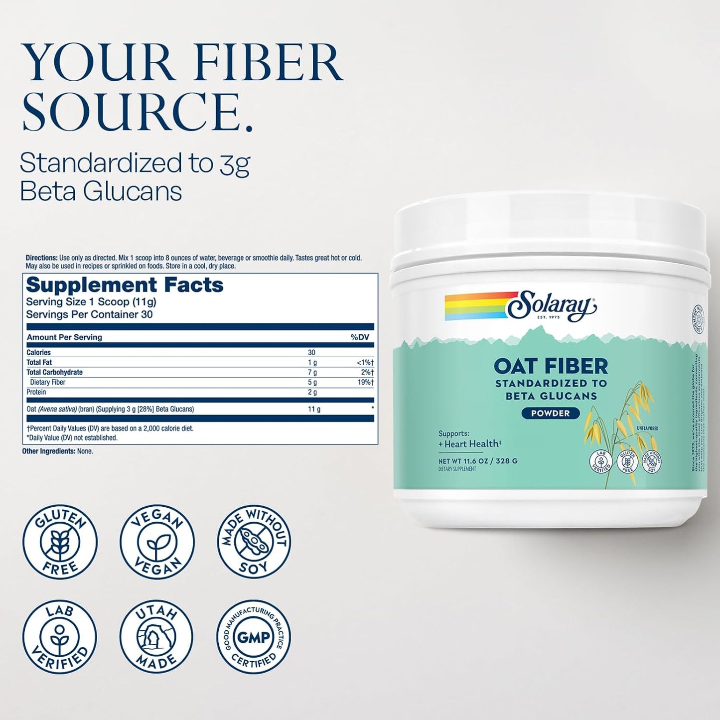 Soluble Oat Fiber Supplement Powder by SOLARAY - Heart Health Support with Beta Glucans - Unflavored, Gluten Free, Vegan - 30 Servings, 11.6oz
