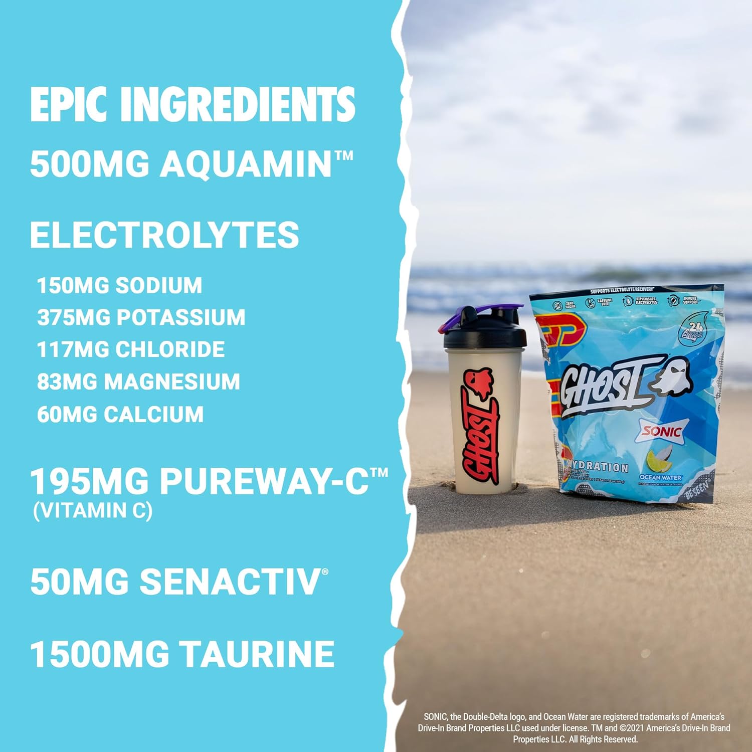Sonic Ocean Water Electrolyte Powder Drink Mix - 24 Sticks, Vegan & Gluten-Free with Magnesium, Potassium, Calcium, Vitamin C