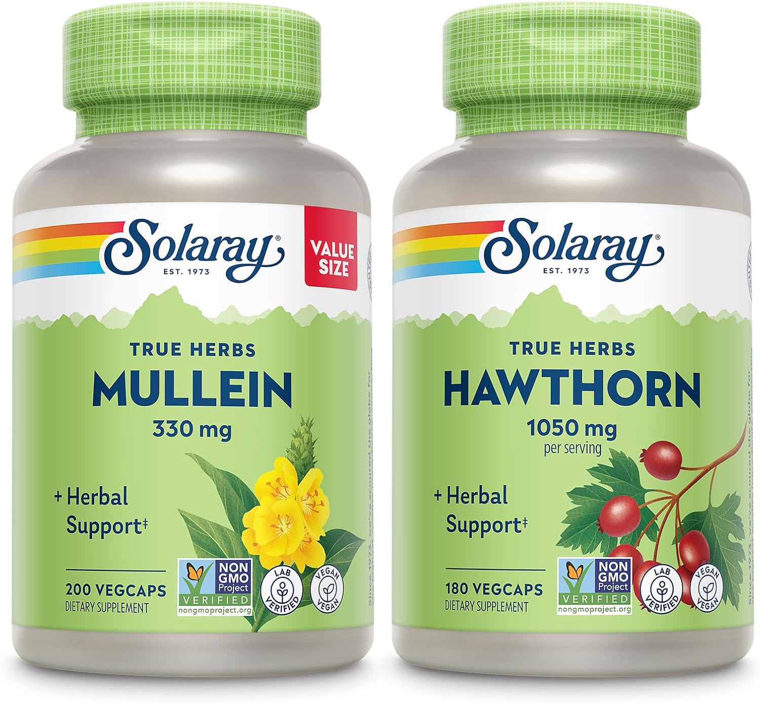Soothing Herbal Support Bundle - Mullein Leaf 330mg & Hawthorn Berry 1050mg Capsules - Vegan, Non-GMO, Lab Verified - 60-Day Guarantee - 200/180 VegCaps