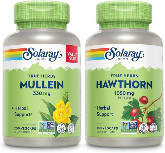 Soothing Herbal Support Bundle - Mullein Leaf 330mg & Hawthorn Berry 1050mg Capsules - Vegan, Non-GMO, Lab Verified - 60-Day Guarantee - 200/180 VegCaps