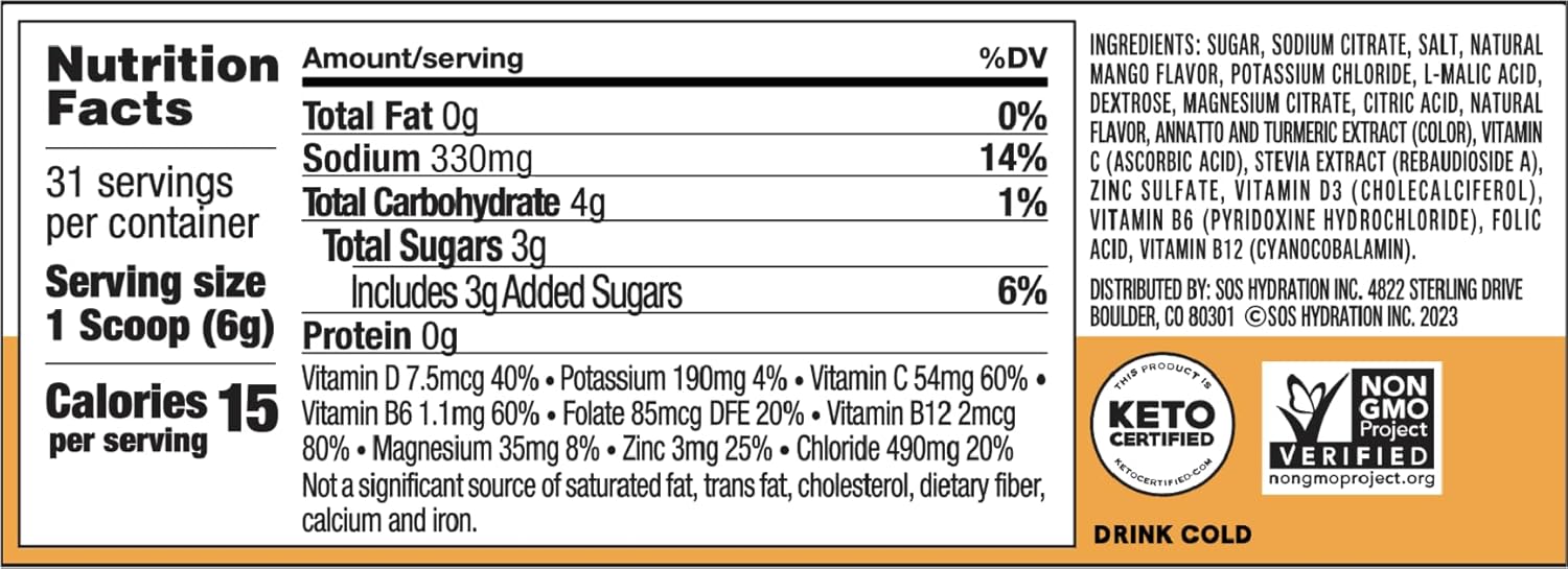 SOS Hydration Mango Electrolyte Powder - 31 Servings, Low-Calorie, Rapid Rehydration, USA Made, Keto & Vegan-Friendly