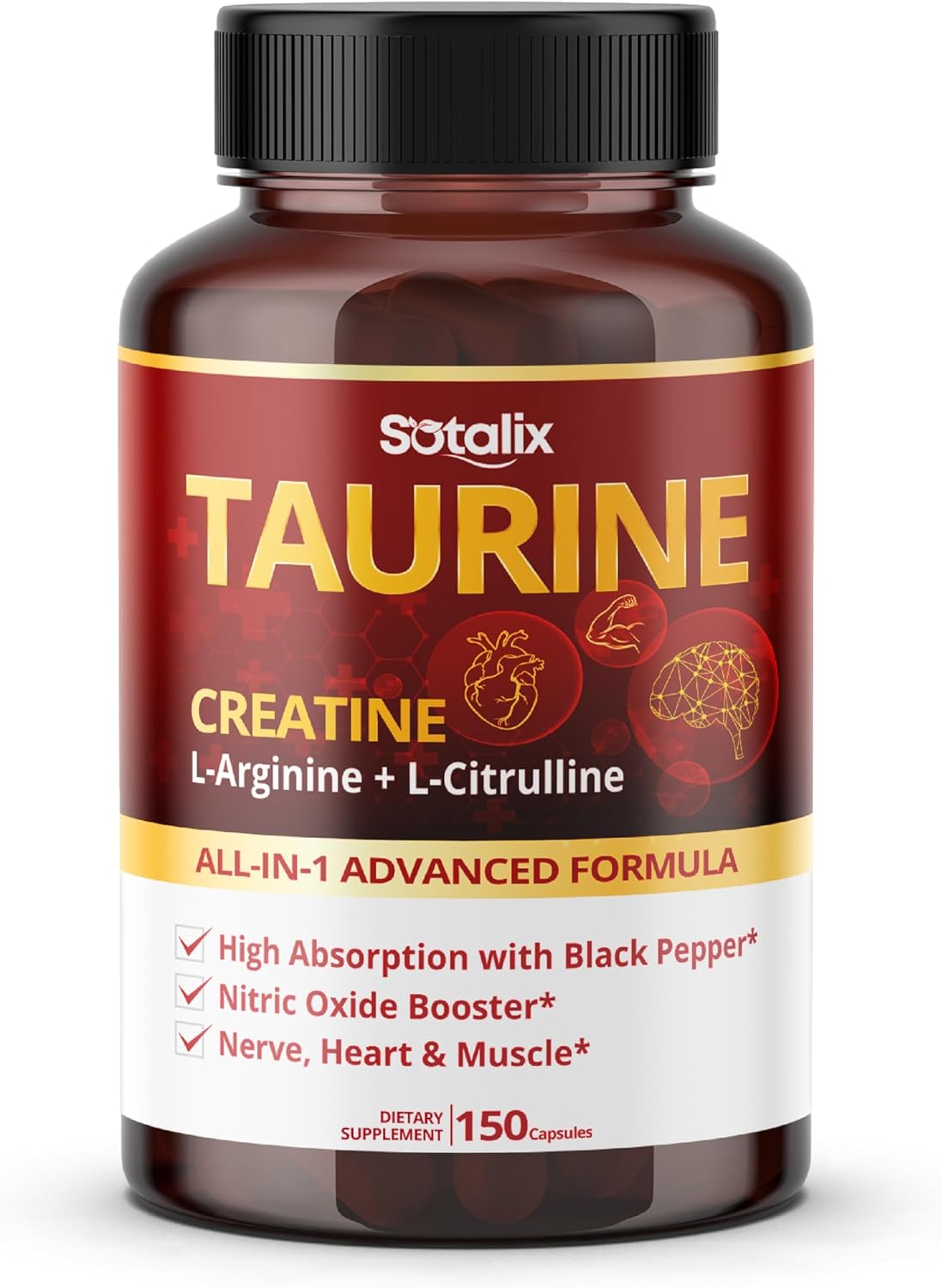 SOTALIX Taurine, Creatine, L-Arginine, L-Citrulline Supplement - USA Made, High Absorption, Nitric Oxide Booster - 150 Count Pack