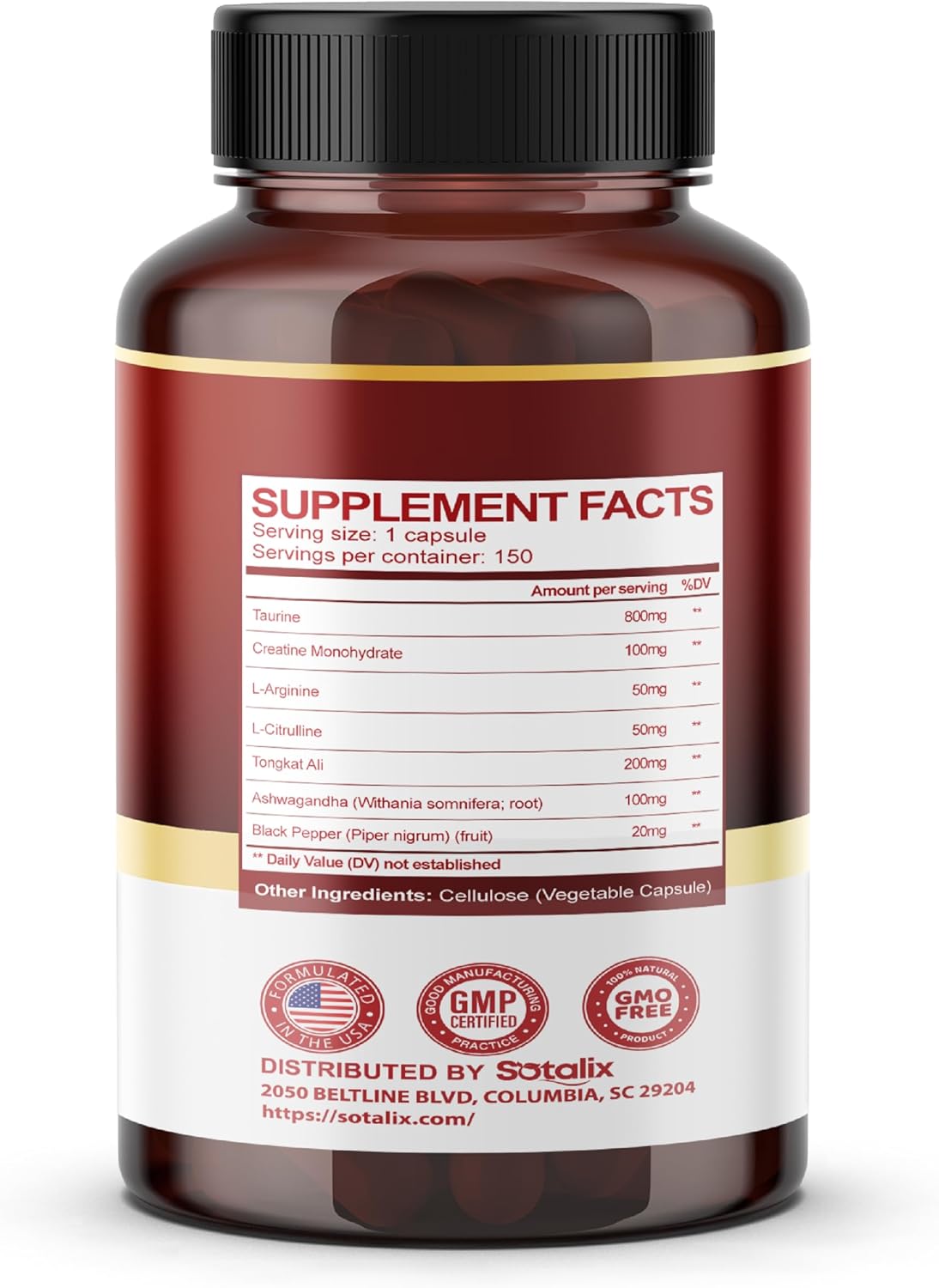 SOTALIX Taurine, Creatine, L-Arginine, L-Citrulline Supplement - USA Made, High Absorption, Nitric Oxide Booster - 150 Count Pack