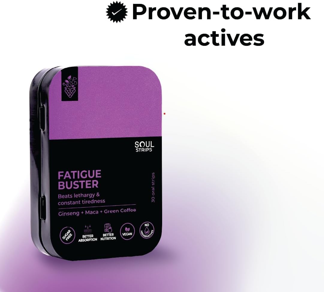 SOUL NUTRITIONS Fatigue Buster Strips with Ginseng, Maca, Green Coffee - Mixed Berries Flavor - Vegan - 30 Pack