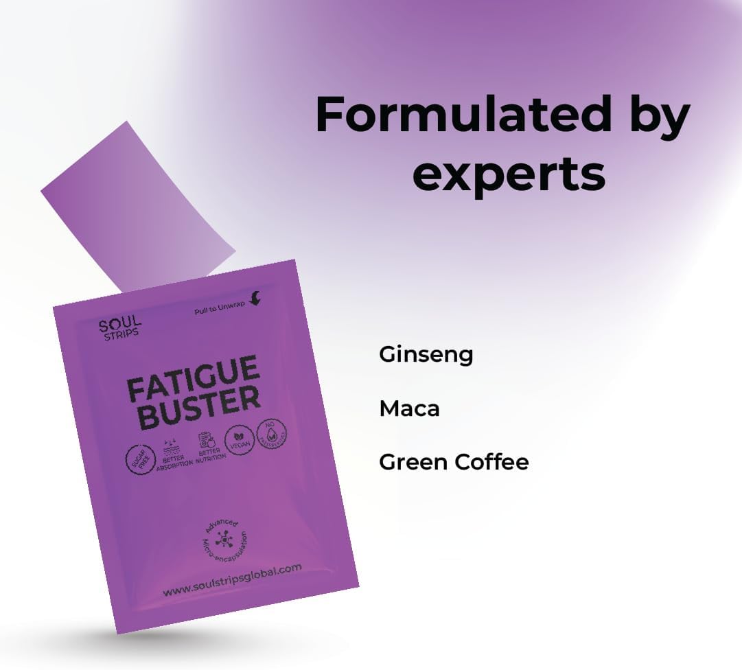 SOUL NUTRITIONS Fatigue Buster Strips with Ginseng, Maca, Green Coffee - Mixed Berries Flavor - Vegan - 30 Pack