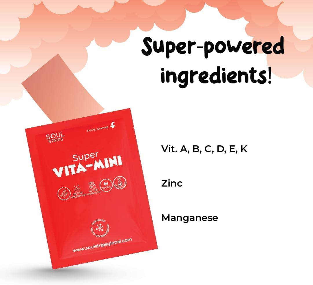 Soul Nutritions Super Vita-Mini Strips for Kids Growth & Health - Raspberry Flavor, Vegan, Zero Sugar, 30 Strips