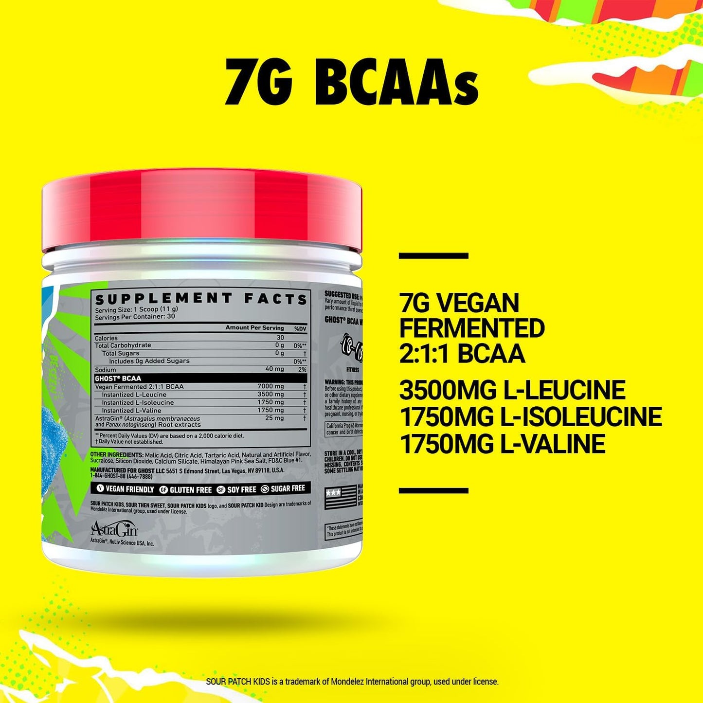Sour Patch Kids Blue Raspberry BCAA Powder - Sugar-Free Amino Acid Supplement for Intra, Post & Pre Workout - 30 Servings